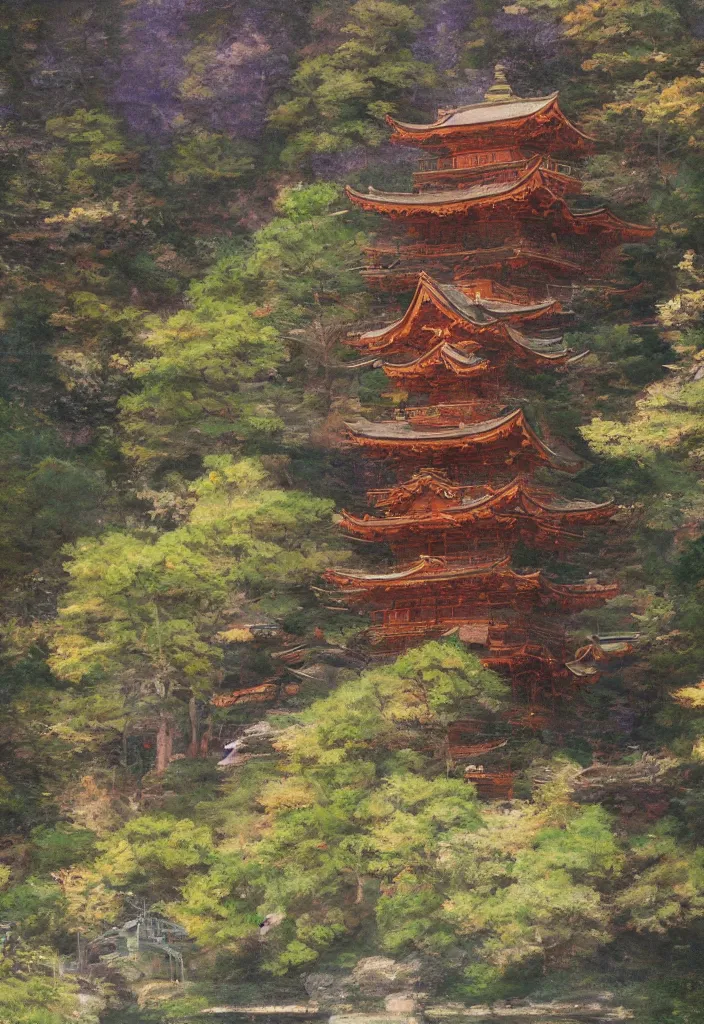 Image similar to a japanese temple in the mountain. gorgeous epic nature. yokai walking around, lofi, vivid colors, amazing light, by jeremy lipkin, by claude monet, heavily inspired by makoto shinkai, kandinsky touches, inspired by ghibli, masterpiece, multiple brush strokes, impressionist style