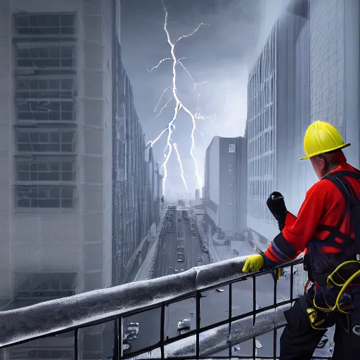 Image similar to rope access technician, extreme cold, cloudy weather, octane render, volumetric lightning hyperrealism, no blur, 4 k resolution, ultra detailed