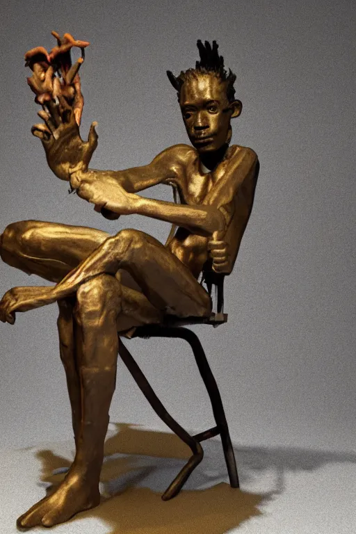 Image similar to a full-body bronze statue of Jean-Michel Basquiat sitting and thinking 3d octane render