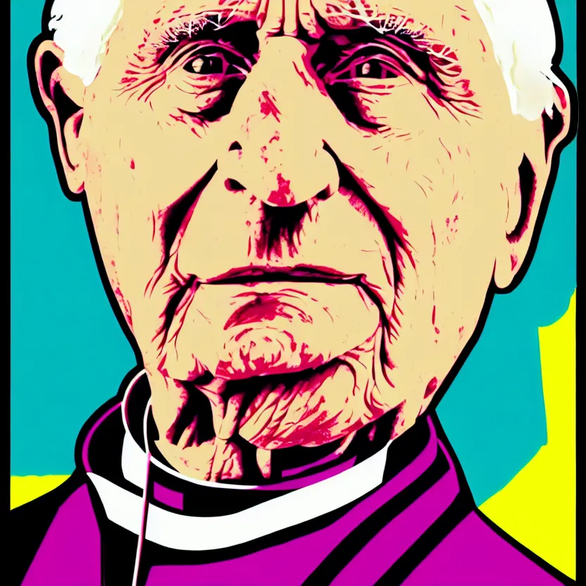 Image similar to portrait of pope benedict xvi screen print. pop art, high detail 8 k