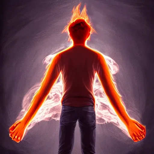 Image similar to young man from behind with flames coming out of hands flying at the end of the world, very detailed, realistic, symmetrical face, art by digital painting