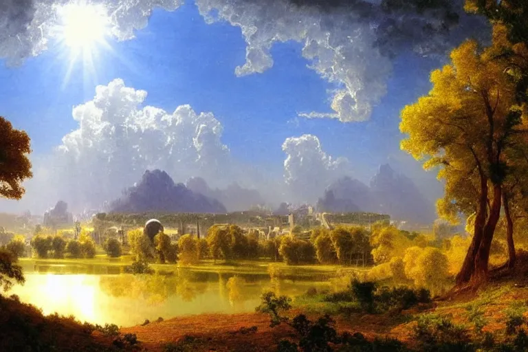 Prompt: Very beautiful painting by Albert Bierstadt and City Hunter anime HD and Naïve Art HD and Toei animation backgrounds, a beautiful landscape of the french countryside with a big science fiction spherical factory on a hill, nice lighting, soft and clear shadows, low contrast, perfect