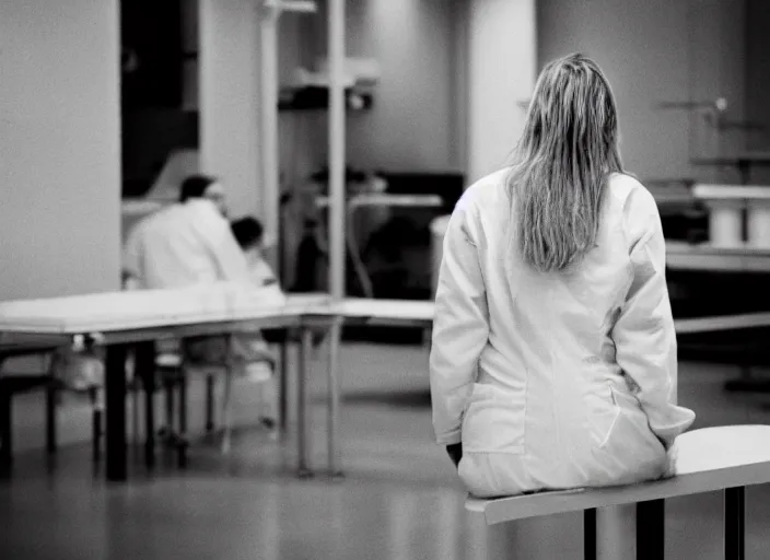 Prompt: a 3 5 mm photo from the back of a woman wearing a white lab coat sitting at a bench in a laboratory, bokeh, canon 5 0 mm, cinematic lighting, dramatic, film, photography, golden hour, depth of field, award - winning, 3 5 mm film grain, retro, film, kodachrome, closeup