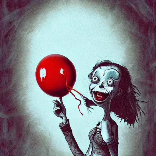 Image similar to grunge painting of bug bunny with a wide smile and a red balloon by tim burton, loony toons style, pennywise style, corpse bride style, rick and morty style, creepy lighting, horror theme, detailed, elegant, intricate, conceptual, volumetric light