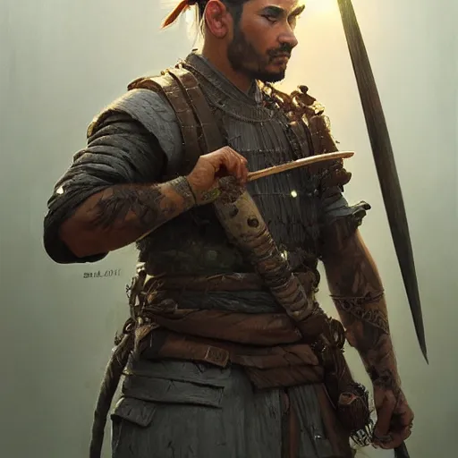 Image similar to Hyper realistic detailed portrait of a Kurdish samurai, Stephen Bliss, unreal engine, fantasy art by Greg Rutkowski, Loish, Rhads, ferdinand knab, Makoto Shinkai and Lois van baarle, ilya kuvshinov, rossdraws, Tom Bagshaw, alphonse mucha, global illumination, radiant light, detailed and intricate environment, highly detailed, award winning art