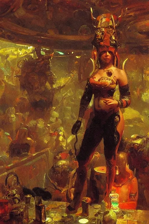 Prompt: portrait of a space viking drinking in an alien tavern. art by ilya repin.