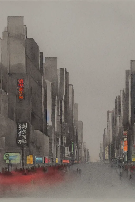 Image similar to A watercolor depicting an empty Xujiahui, gloomy weather, high contrast, smooth, by Joseph Zbikowicz, 8k