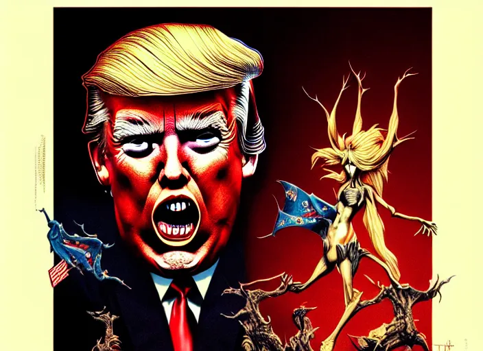 Prompt: donald trump's grotesque true form revealed, horror, high details, intricate details, by vincent di fate, artgerm julie bell beeple, 1 9 8 0 s, inking, vintage 8 0 s print, screen print, rule of thirds by francis tneh