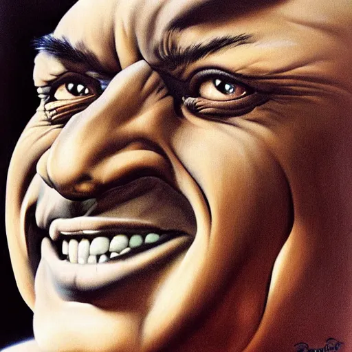 Image similar to portrait of the face of danny devito smiling sly intricate detailed by boris vallejo