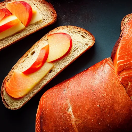 Image similar to hot slices of bread filled with freshly - caught salmon and red apple, 8 k resolution, food photography, studio lighting, sharp focus, hyper - detailed