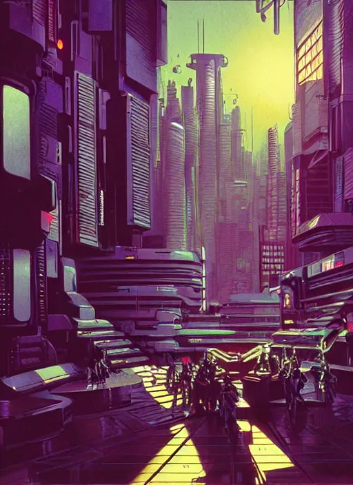 Image similar to photo of cyberpunk school, scifi, bright light, busy street, morning sun, interesting angle, 8 k high definition, insanely detailed, art by syd mead and masamune shirow