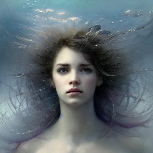 Prompt: dreams of the fae, papery flaking skin, with different colored eyes and flowing hair underwater, three-quarters portrait, intricate, elegant, sharp focus, illustration, highly detailed, digital painting, concept art, matte, by Aleksi Briclot and by Ivan Aivazovsky and by Greg Rutkowski, artgerm, wlop, masterpiece