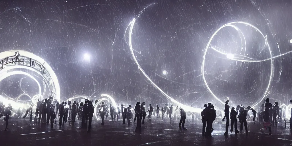 Image similar to policemen protecting a huge spiral - shaped bright white luminous attractor right in the center of the city from protesting people,, rain and light fog, professional lighting, concept art in 3 d, high detail, professional lighting, unreal engine