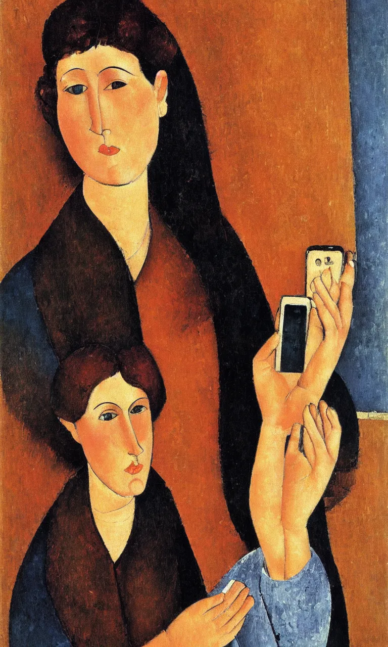 Image similar to amedeo modigliani. close up portrait of a woman with brown hair and a blue rollneck sweather holding an iphone in her hand. very soft brush.