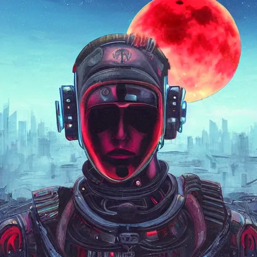 Image similar to surreal, nuclear blast and a full red moon eclipse, cyberpunk, art by bryen frost