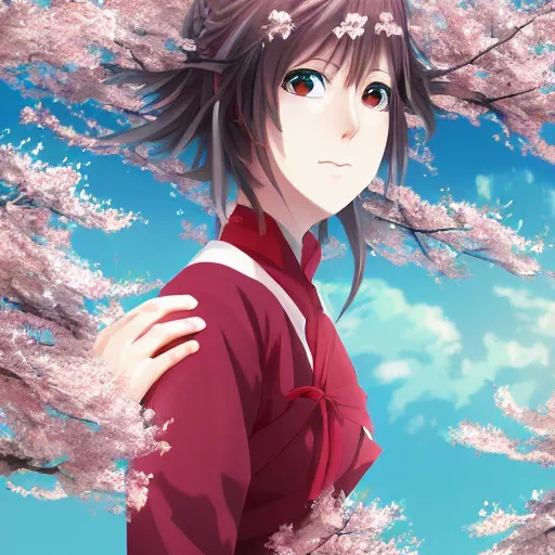 Image similar to portrait of the lone girl in a blizzard of cherry blossom petals, anime fantasy illustration by tomoyuki yamasaki, kyoto studio, madhouse, ufotable, trending on artstation