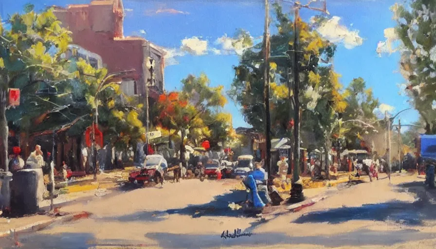 Prompt: painting by antoine blanchard of the main street in taree nsw australia