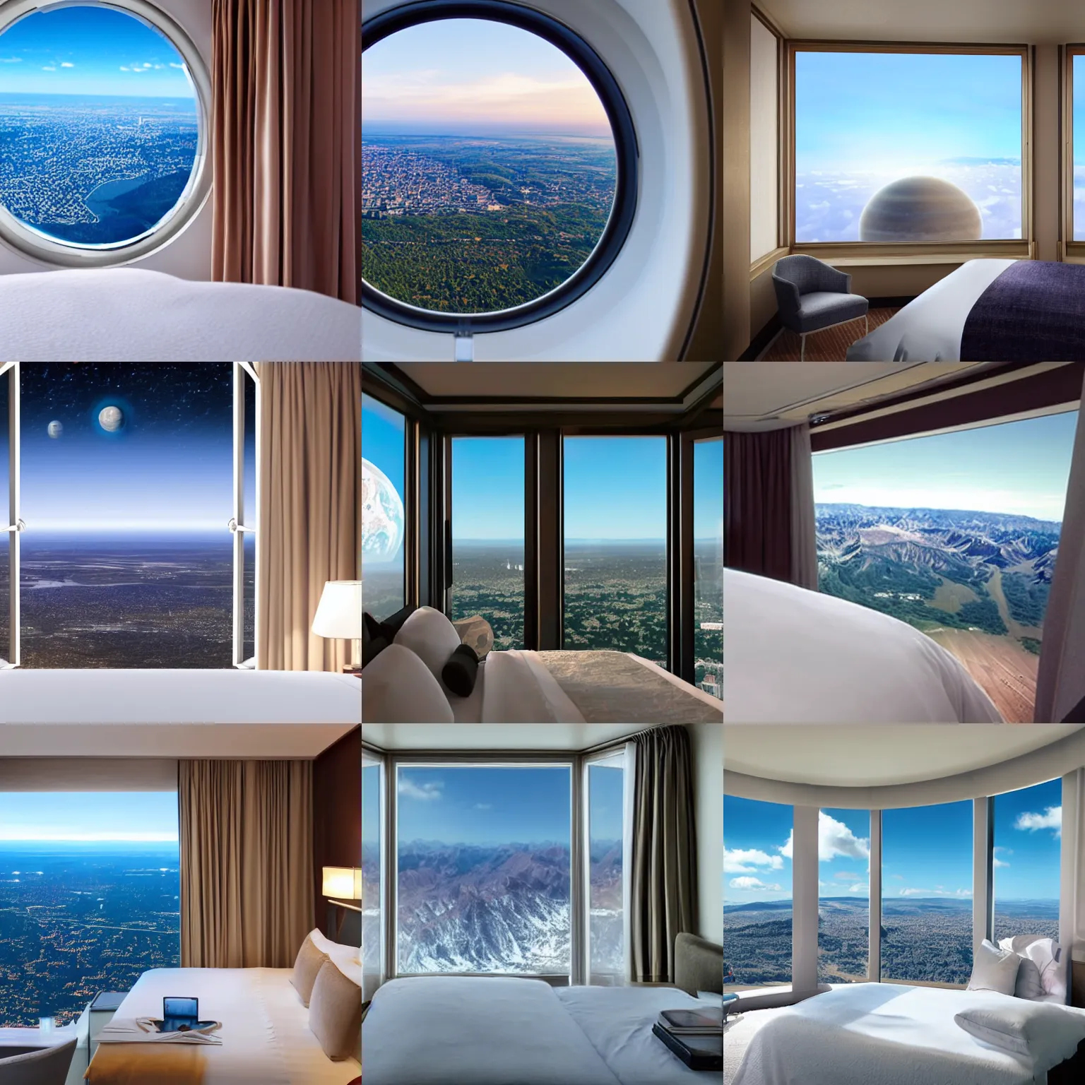 Prompt: window view from a bedroom in a luxurious hotel in space, with planet earth in the background