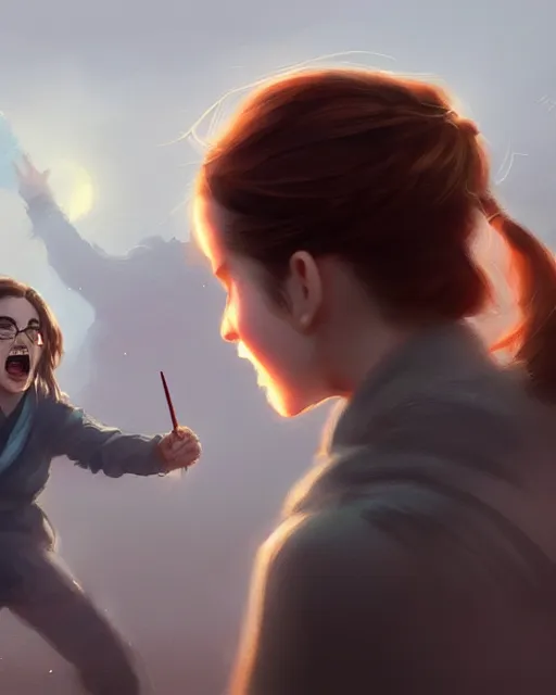 Image similar to emma watson yelling at xi jinping, medium shot close up, details, sharp focus, illustration, by jordan grimmer and greg rutkowski, trending artstation, digital art