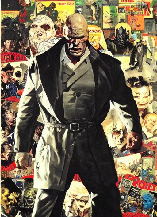 Image similar to full body and head portrait of brock lesnar as a mutant villain wearing a trench coat, painted by norman rockwell and phil hale and greg staples and tom lovell and frank schoonover and jack kirby