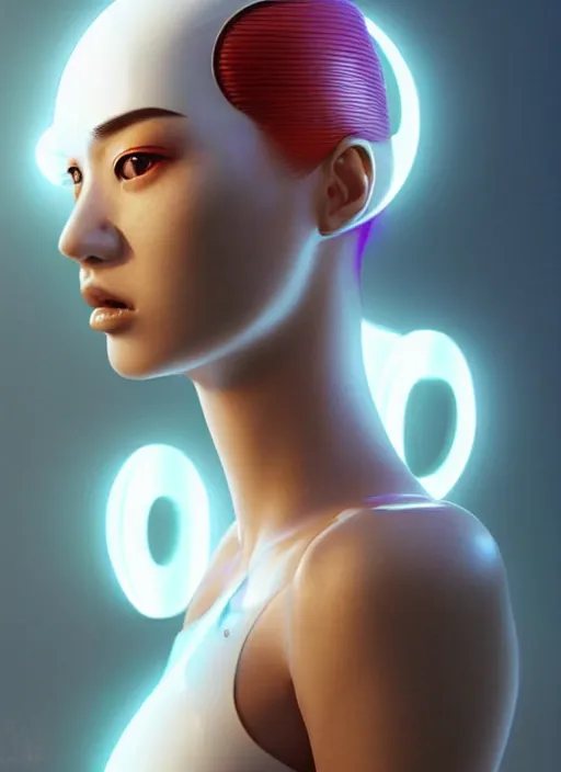 Image similar to a beautiful oriental female humanoid with freckled cheeks, cyber neon lighting, futurism, intricate futuristic jewelry accessories, cyberpunk glossy white latex swimsuit, profile posing, hyper photorealistic, crispy quality, digital photography, trending in artstation, trending in pinterest, cinematic, 4 k ultra hd, art by pascal blanche, art by greg rutkowski,