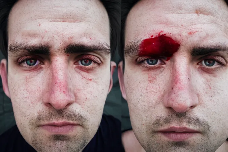 Image similar to wide angle shot of the face of a man with bloodshot eyes