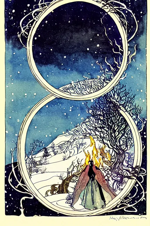 Image similar to a black witch's cauldron over a burning flames in the center of a circular frame, winter, snow, blue, night, sky, stars, snowy pines in the background, detailed art by kay nielsen and walter crane, illustration style, watercolor