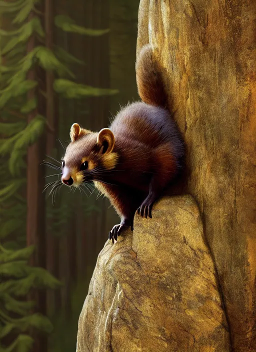 Prompt: a beautiful closeup shot from a fantasy film of a humanoid grey pine marten wearing a loose tunic. an anthropomorphic pine marten. golden hour. rim lighting. joseph ducreux, greg rutkowski.