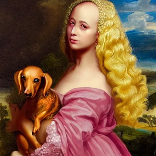 Image similar to nicki minaj walking a dachshund baroque oil painting