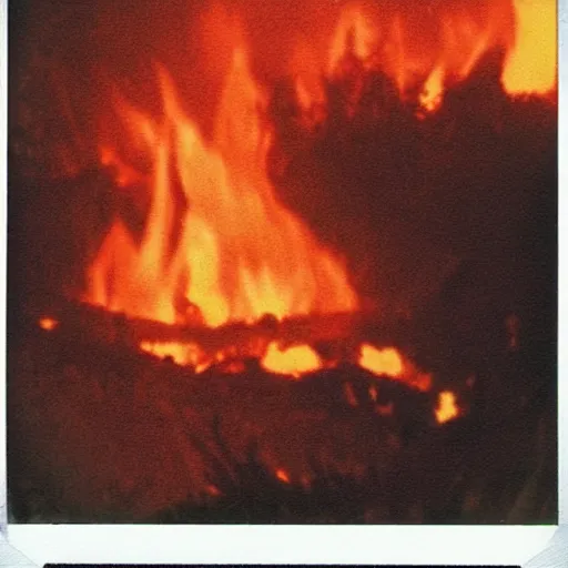 Prompt: a polaroid picture of hell's great raging inferno