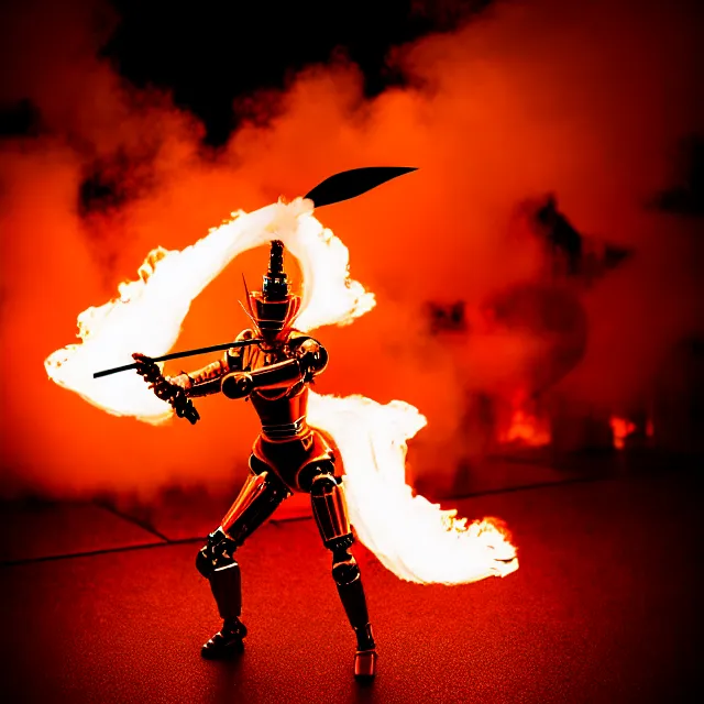 Prompt: robot woman fire dance holding spear, detailed bushido form, fighting stance energy, shibuya prefecture, cinematic lighting, fog mist smoke, photorealistic, night photography by tomino - sama