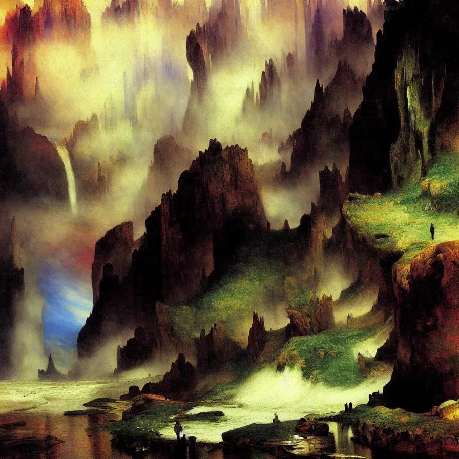 Prompt: artwork about a lonely life, painted by thomas moran and albert bierstadt. futurism, monochrome color scheme.