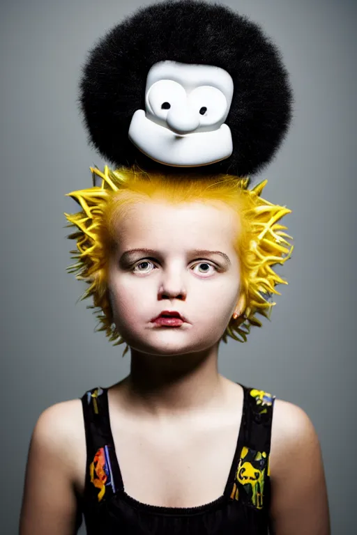 Image similar to studio portrait of cute girl that looks excactly like lisa simpson, lookalike, as if lisa simpson came to life, soft light, black background, fine details, close - up, award winning photo by martin schoeller