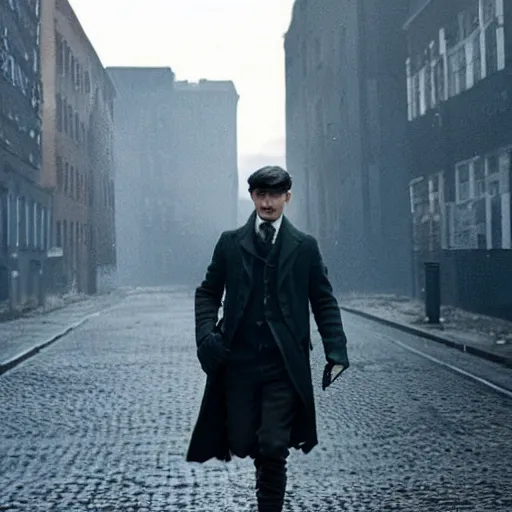 Image similar to thomas shelby walking down an empty street