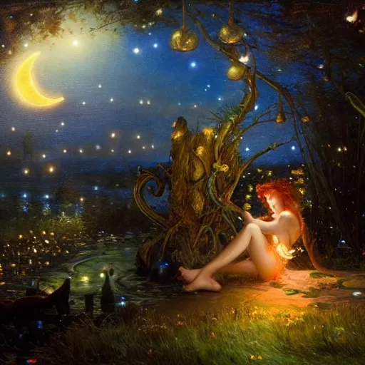 Prompt: attractive, fairy, in the night, fantasy, crescent moon in background, luminous, toadstools, fireflies, fantasy, highly detailed painting by gaston bussiere, craig mullins, j. c. leyendecker, mid shot, 8 k realistic, sharp focus