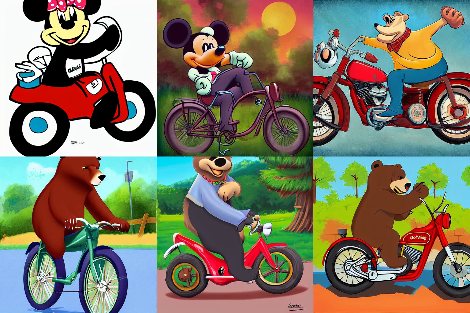 Prompt: bear driving a bike, Disney style, full shot, digital art,