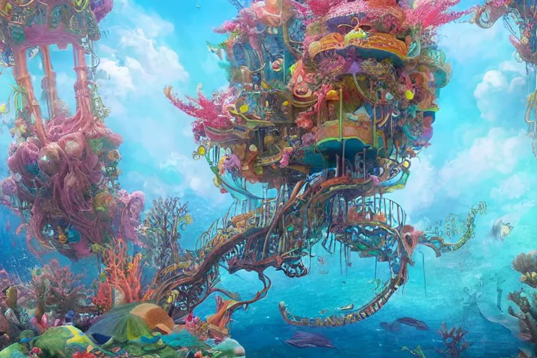 Prompt: an elaborate whimsical treehouse built under the sea, surrounded by colorful coral and dolphins, hyperdetailed, artstation, concept art, 4k