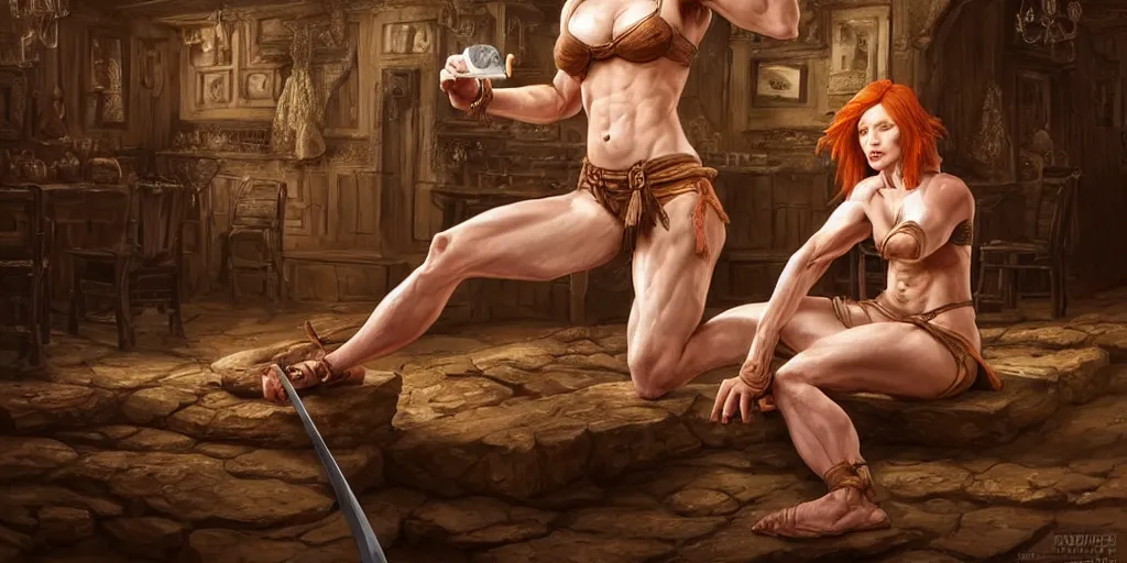 Image similar to ginger woman with problems, sitting and drinking in an ancien tavern and playing with a knife, attractive, warrior, strong body, action pose, ancient, sand, emerald, intricate, highly detailed, digital painting, artstation, concept art, smooth, sharp focus, illustration, Unreal Engine 5, 8K, art by artgerm and greg rutkowski and alphonse mucha