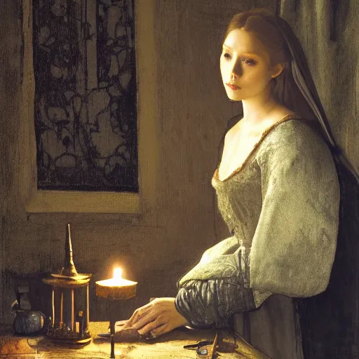 Image similar to elizabeth olsen, sitting in a dark kitchen in the medieval period, the only light illuminating is a candle on the desk, illustrated by gaston bussiere and johannes vermeer, artstation, cgsociety, artstation contest winner, artstation medieval, artstation fashion, 4 k, 8 k