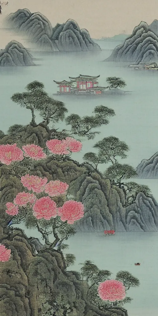 Prompt: summer manor with peony flowers and lake, chinese landscape painting