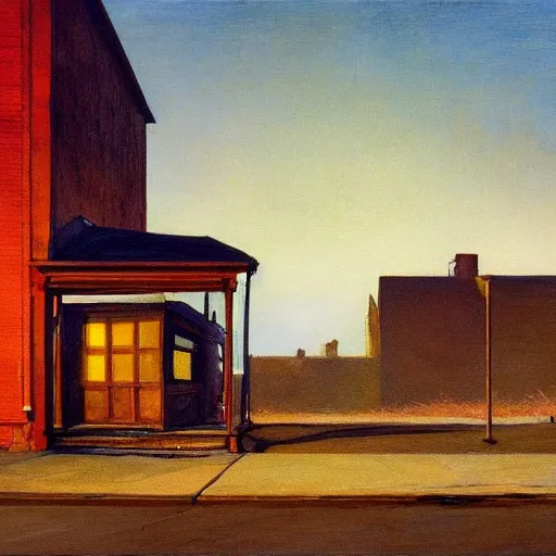 Prompt: a rusted car parked in an alley, detailed painting by grant wood and andrew wyeth and thomas moran and edward hopper ; spotlight at blue hour