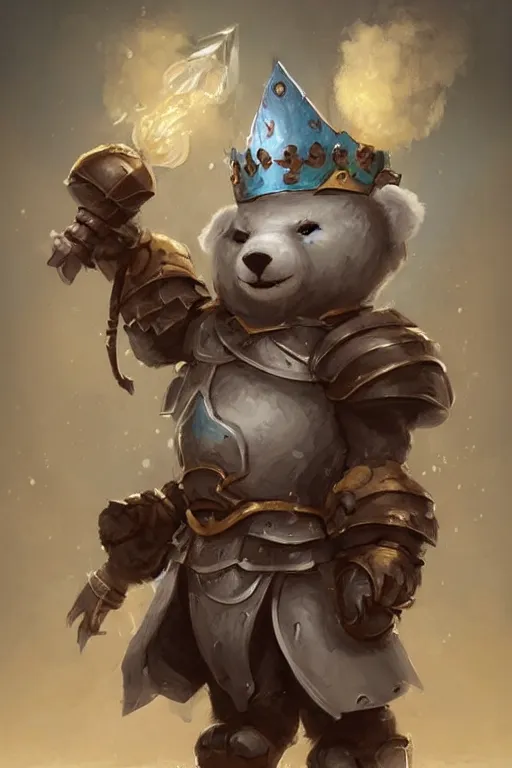 Image similar to cute little anthropomorphic bear knight wearing a cape and a crown, tiny, small, miniature bear, baby animal, short, pale blue armor, cute and adorable, pretty, beautiful, DnD character art portrait, matte fantasy painting, DeviantArt Artstation, by Jason Felix by Steve Argyle by Tyler Jacobson by Peter Mohrbacher, cinematic lighting