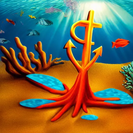 Prompt: an anchor in the sand near a coral reef surrounded by sea creatures, concept art, highly detailed, high quality, bright colors