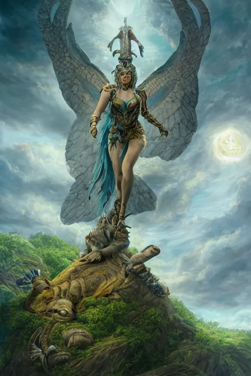 Image similar to A fantasy book style portrait painting of the Great Turtle Island at the center of the Universe, accompanied by a hybrid, Anya_Taylor-Joy, Cory Chase, Eva Green, as a Mystical Valkyrie, Anubis-Reptilian, Atlantean Warrior, François Boucher, Oil Painting, unreal 5, DAZ, hyperrealistic, octane render, Regal, Refined, Detailed Digital Art, RPG portrait, Walt Disney (1937), William-Adolphe Bouguereau, Michael Cheval, Steampunk, Volumetric Golden dappled dynamic lighting, Highly Detailed, Cinematic Lighting, Unreal Engine, 8k, HD