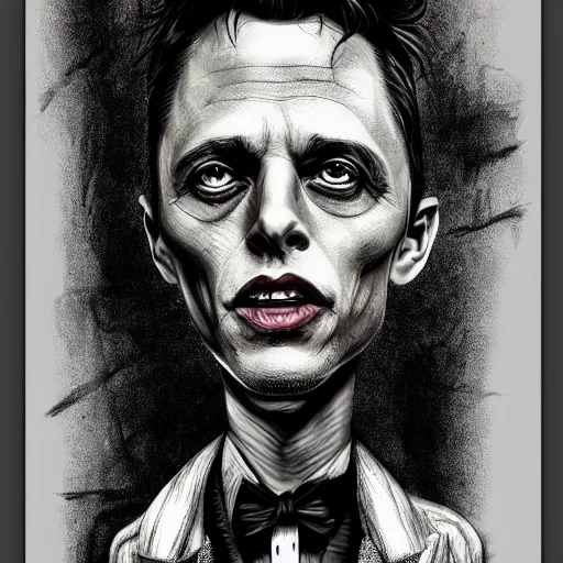 Image similar to michael karcz grunge drawing of elon musk. , in the style of corpse bride, loony toons style, horror themed, detailed, elegant, intricate, trending on artstation, 4k