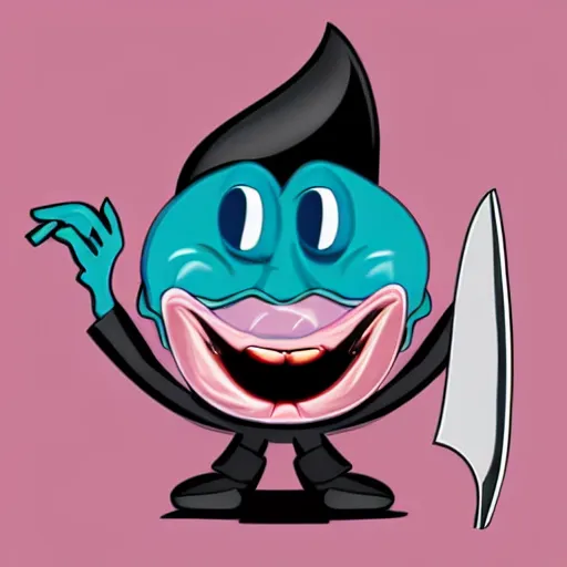 Image similar to photo of vinyl designer toy, cartoon character, head moon crescent, creepy smiling evil face with wrinkles, holds a knife in hand