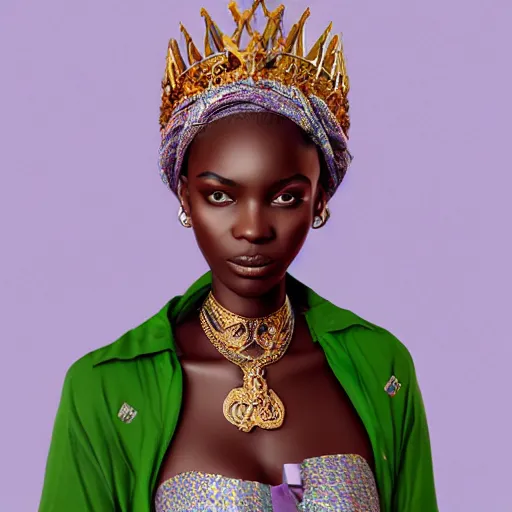 Image similar to A masterpiece portrait of a Incredibly beautiful African girl model in European royal barocco clothes. With big rich jewelry. In Queen\'s crown. Vogue. trending on artstation, digital art, by Stanley Artgerm Lau, WLOP, Rossdraws, James Jean, Andrei Riabovitchev, Marc Simonetti, Yoshitaka Amano