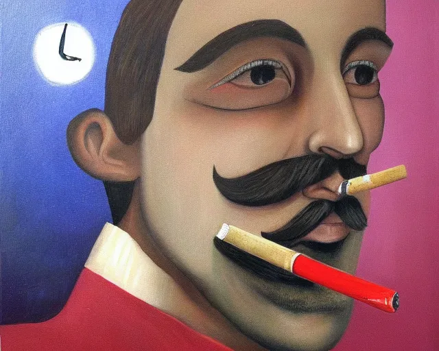 Image similar to a surreal painting of a young man with a handlebar mustache smoking a joint