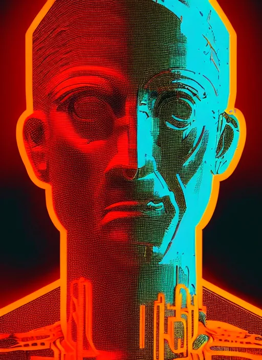 Prompt: statue of julius caesar, beeple, android jones, dan mumford, vaporwave, retrowave, black background, neon wiring, black, glitch, strong contrast, cuts, pinterest, trending on artstation