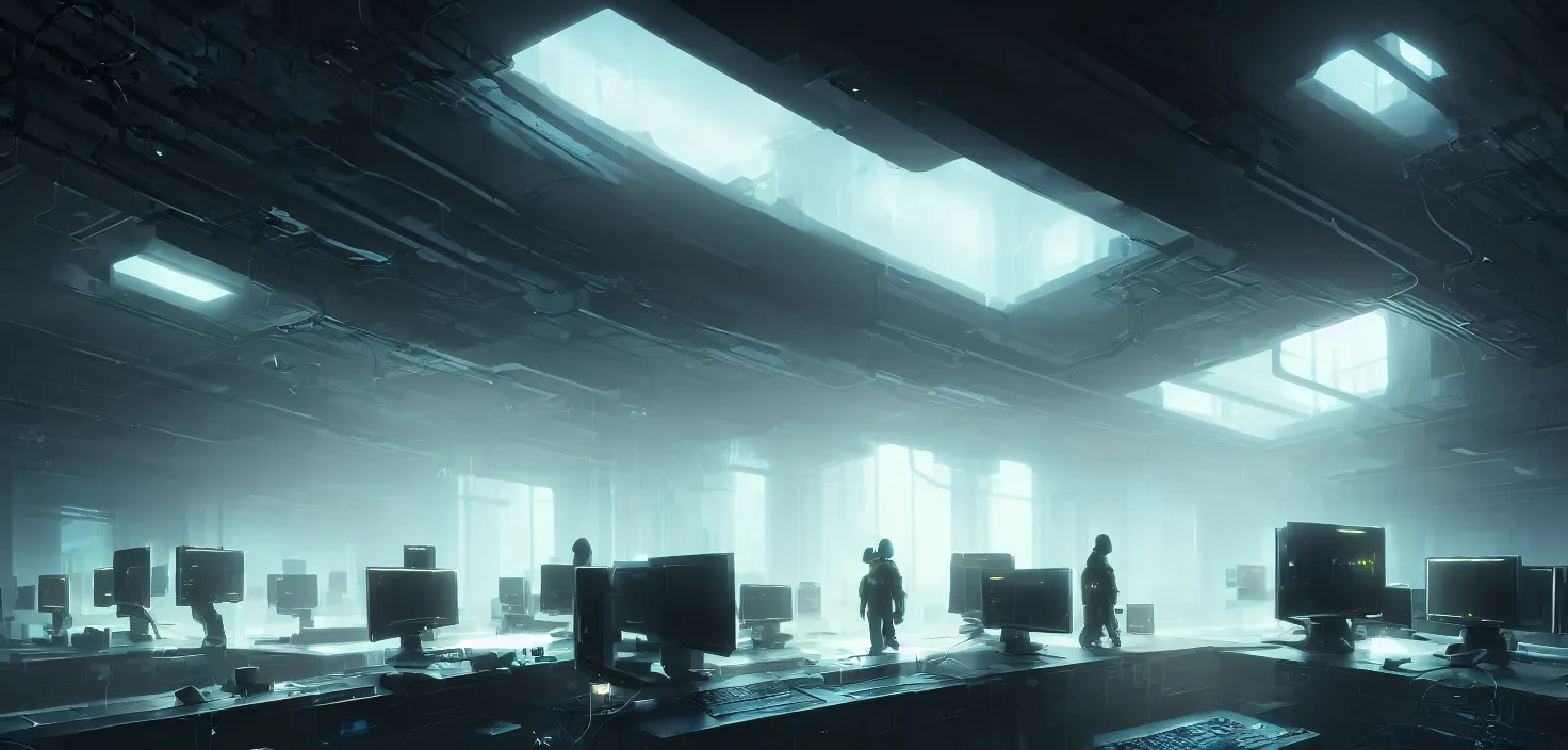 Image similar to hackers hooked directly into computers, wired in, in a highly detailed server room with computers everywhere, cinematic view, epic sky, detailed, concept art, low angle, high detail, warm lighting, volumetric, godrays, vivid, beautiful, trending on artstation, by jordan grimmer, huge scene, art greg rutkowski